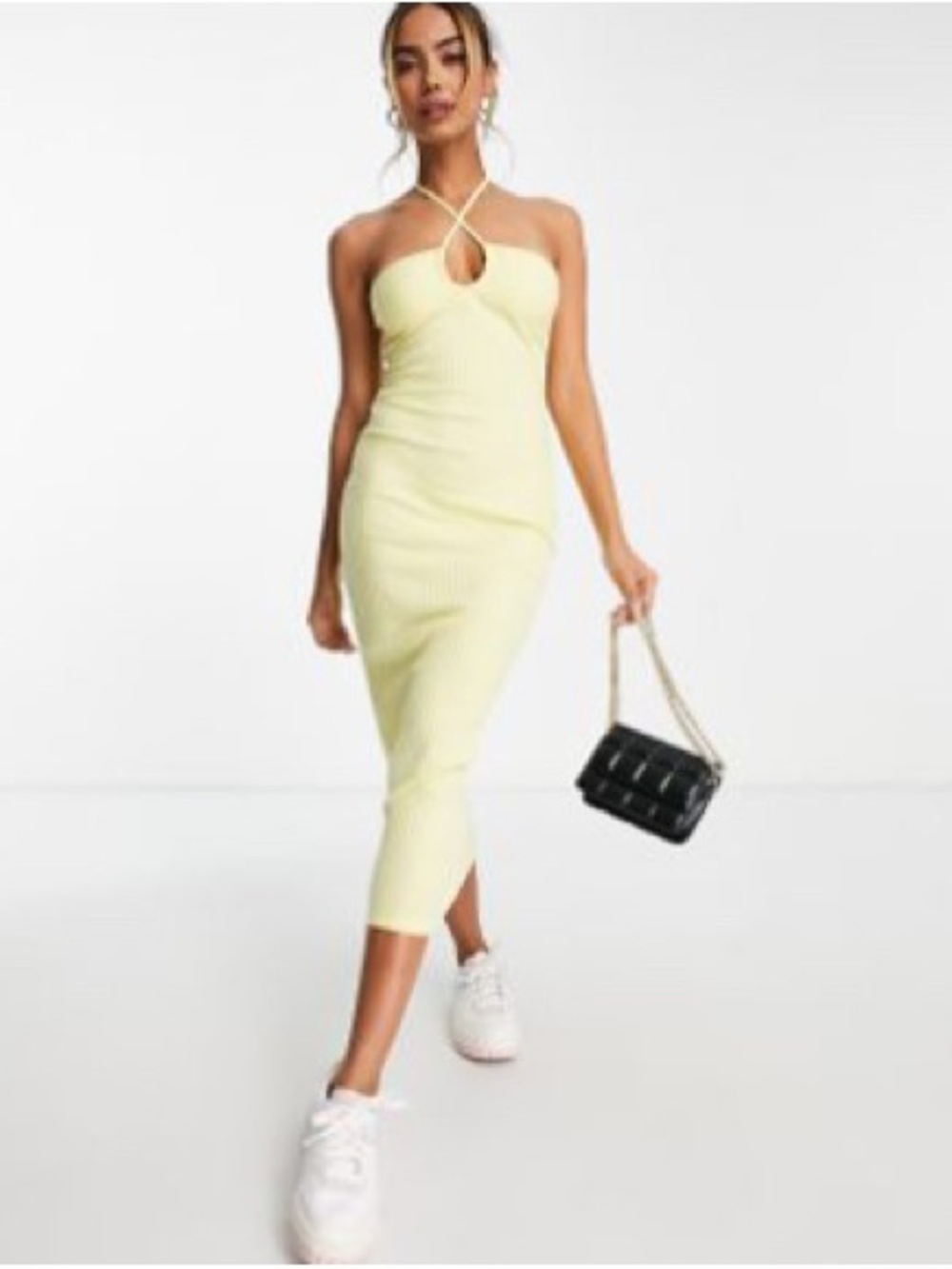 ASOS Design ribbed midi with halter neck tie detail in lemon Size 6, Worn Once